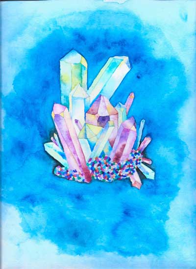 Event poster for A Certain Type of Brilliance, featuring water color crystals.