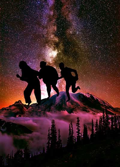 event artwork featuring silhouetted figures with a mountain and astrophotography backdrop
