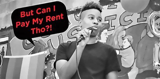 J Mase III pictured speaking into a mic with a speech bubble that says "But Can I Pay My Rent Tho?!"