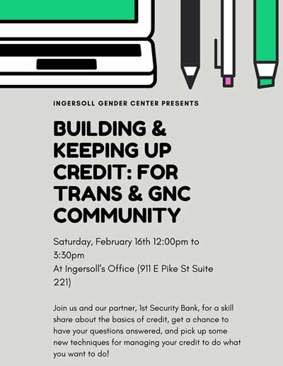 Event flyer for credit-building workshop for trans and gender non-conforming folks