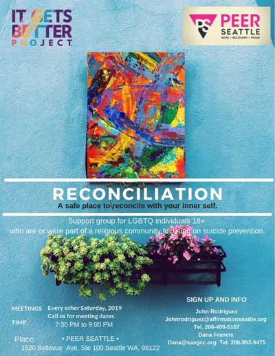 event poster for reconciliation; an event for LGBTQI+ identified individuals who are part of a religious community, focusing on suicide prevention