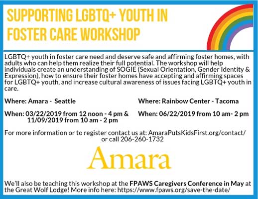 flyer for Amara workshop on helping LGBTQ+ youth in foster care