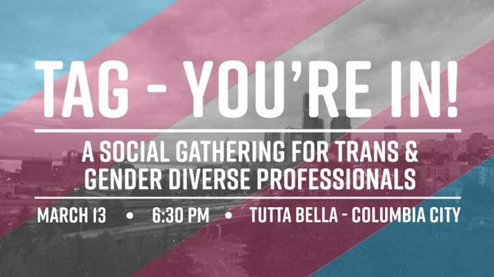 image of trans flag overlaying a city scape, with event details