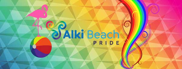 Alki Beach Pride event photo featuring rainbows and a flamingo