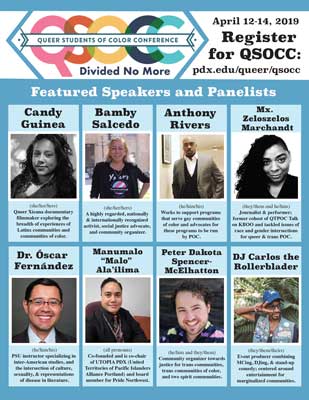 Queer Students of Color Conference Poster with pictures of 8 speakers and their bios