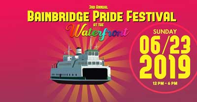 Bainbridge Pride Festival flyer featuring a ferry boat