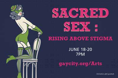 sacred sex flyer featuring a cabaret figure