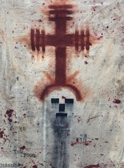 sample AIDS Memorial Pathway temporary artwork featuring a skull with a crown, painted on weathered fabric