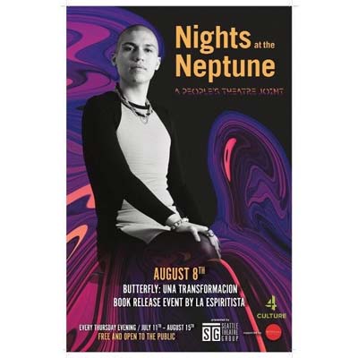 La Espiritista posing on the event flyer for their book release party at the Neptune Theater.