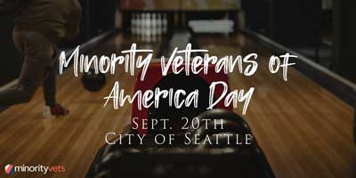 text stating "minority veterans of America Day" over a photo of a person bowling at a bowling alley