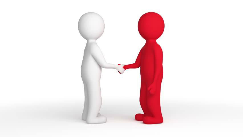 a red figurine shaking hands with a white figurine
