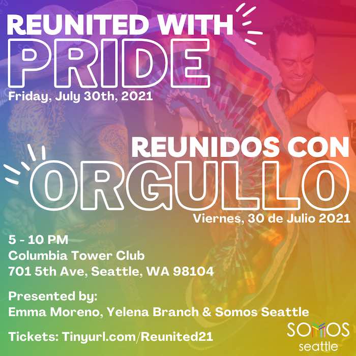 Rainbow colored image with a person dancing and event details