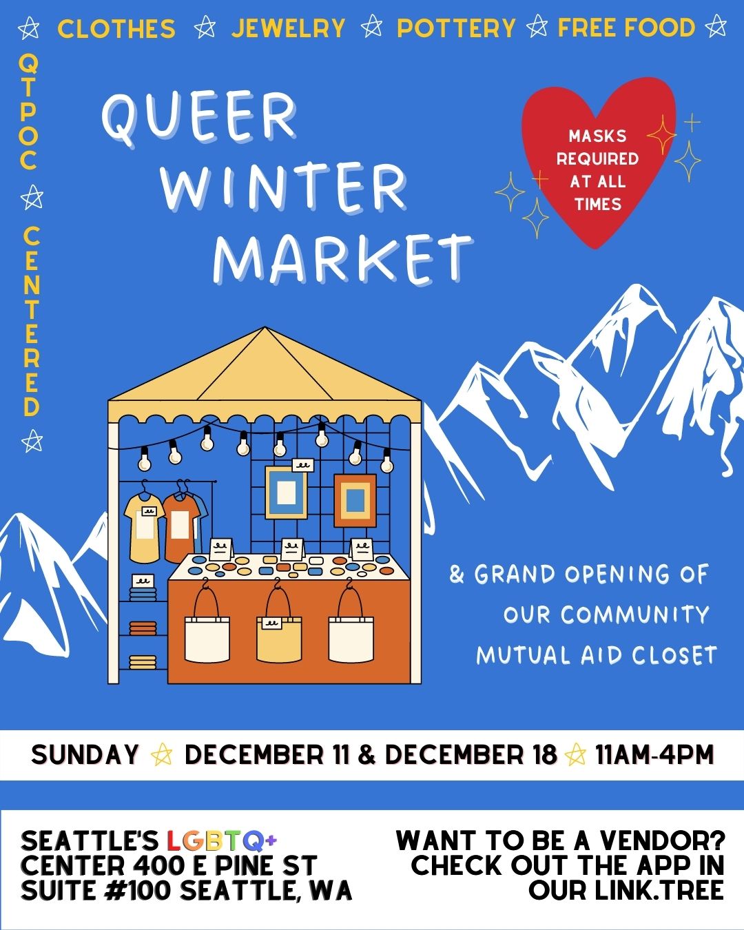 2022 Queer Winter Market event flyer with mountains in the background and a vendor booth in the foreground