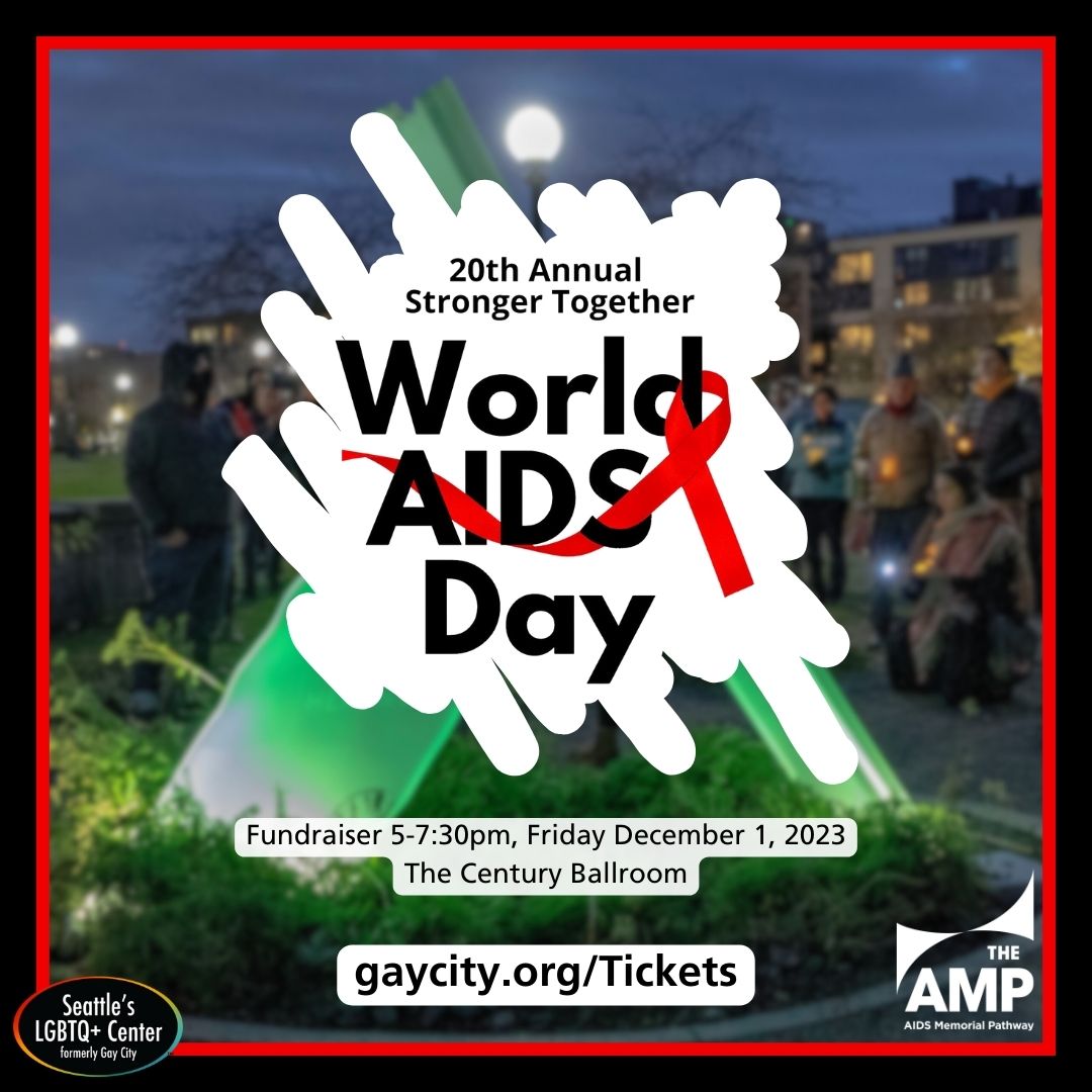 "20th annual stronger together World AIDS Day" with red ribbon running through the words and text reading "fundraiser 5-7:30pm, Friday December 1, 2023. The Century Ballroom. gaycity.org/Tickets"