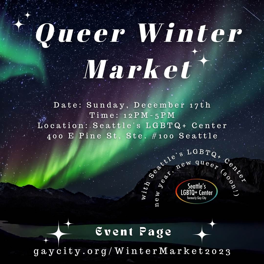 Queer Winter Market event flyer with northern lights imagery